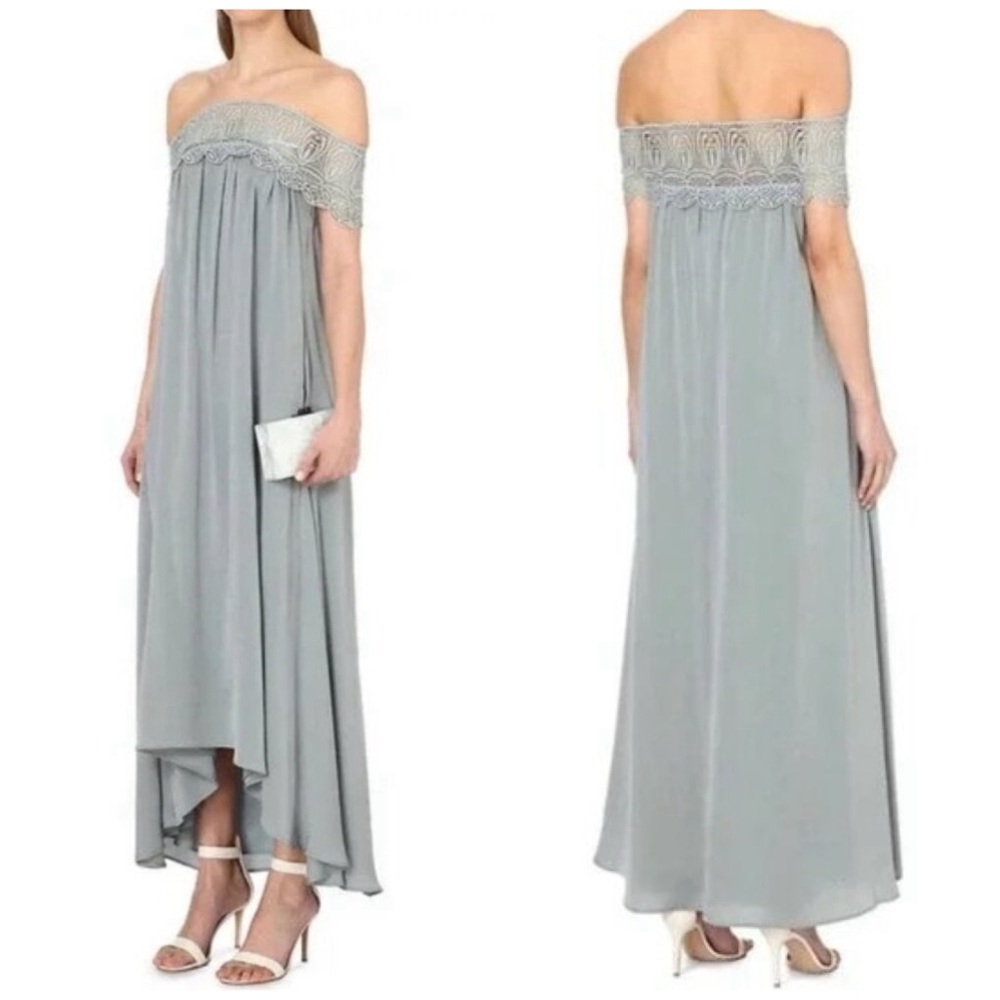 Self-Portrait Lace Shouldered Maxi Dress Silk Blend  Ice Grey Size 2 - Picture 9 of 17